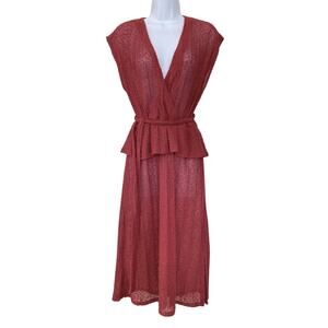 Vintage 70s Boho Sheer Knit Cranberry Peplum Deep V Faux Wrap Midi Dress S/4/6